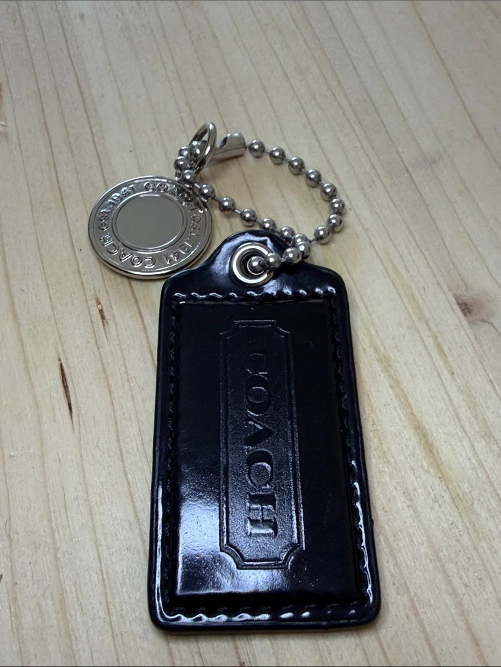 Coach Black Patent Leather Tag Keychain with Silver-Tone Charm